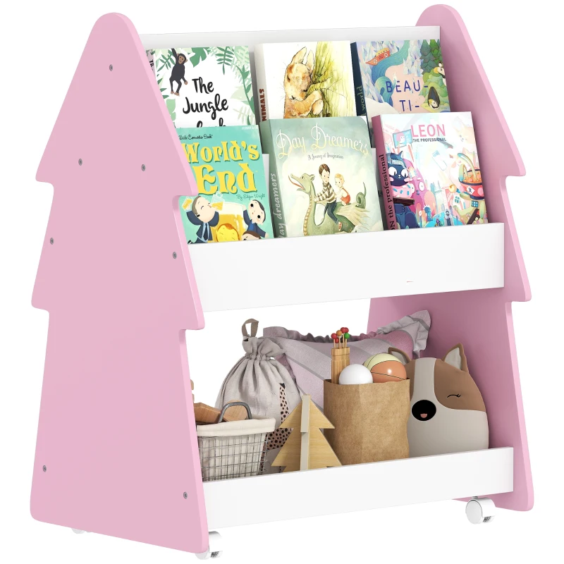 AIYAPLAY Kids Bookshelf with Toy Storage, Double-Sided Bookcase with Wheels, 3 Tier Kids Book Rack for Bedroom, Pink