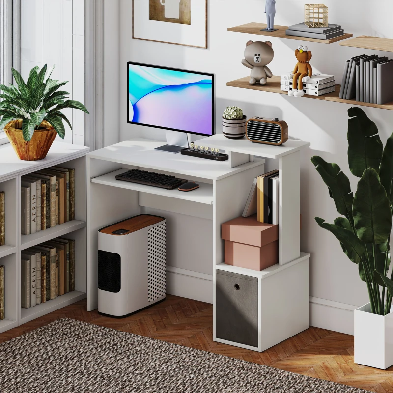 HOMCOM Bureau Informatique multimédia étagères Tablette Clavier Panier Gris Panneaux Particules Blanc