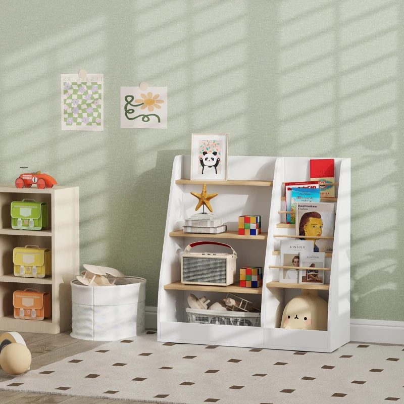 AIYAPLAY Bibliothèque pour enfant, rangement livre enfant 4 niveaux, support à livres, grille de rangement, blanc