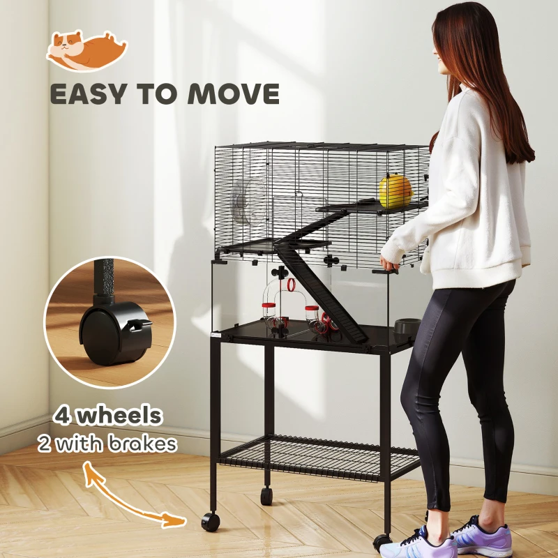 PawHut Hamsterkooi, verblijf voor kleine huisdieren met 3 niveaus, looprad, huisje, platforms, hellingen, voerschaal, waterfles, accessoires, staal, kunststof, zwart