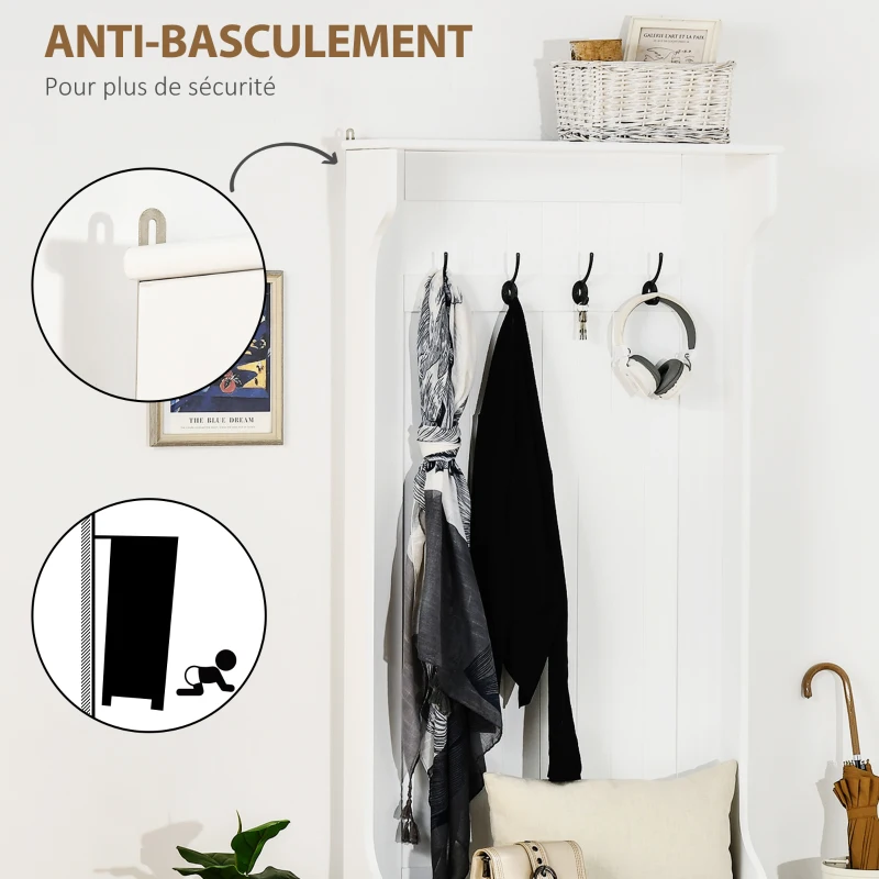 HOMCOM Meuble d'entrée 4 en 1, vestiaire d'entrée avec banc de rangement et 4 crochets doubles, 71,5 x 39,5 x 170 cm, blanc(m-7)