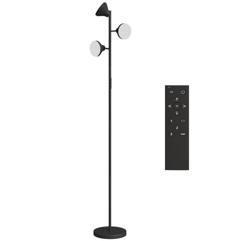 HOMCOM Lampada da Terra con 3 Teste Regolabili Indipendenti, Telecomando e Timer, in Acciaio e Plastica, Ø25x170 cm, Nero
