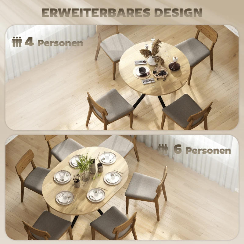 HOMCOM Uitschuifbare ronde eettafel voor 4-6 personen, 100-135 cm, keukentafel met X-vormig stalen onderstel, natuurhout, zwart