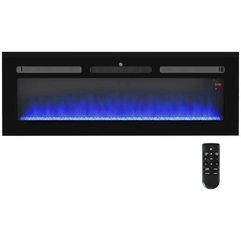 HOMCOM 127cm/50" Electric Fireplace, 2000W Recessed and Wall Mounted Electric Fire with Remote Control, 9 Flame Colour and Crystal, Black