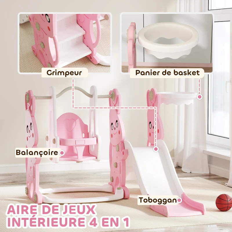 AIYAPLAY Toboggan et balançoire pour enfants 4 en 1 avec panier de basket, toboggan, balançoire, 147,5x160x107cm, rose(m-4)