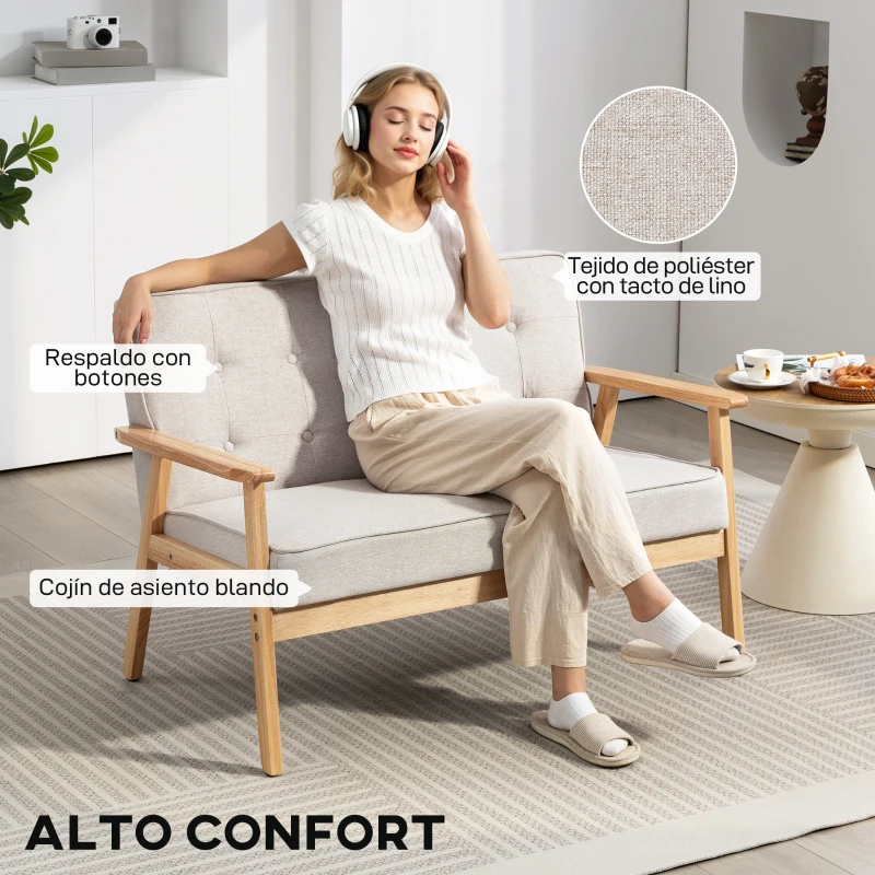 HOMCOM Sofá de 2 Plazas Tapizado en Lino Sintético Sofá Nórdico con Patas y Reposabrazos de Madera 113x67x78 cm Beige
