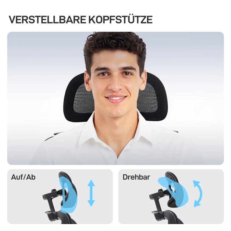 HOMCOM Ergonomischer Bürostuhl mit Rollen, Netzstoff, Lendenstütze, Computerstuhl mit Armlehnen, verstellbare Kopfstütze