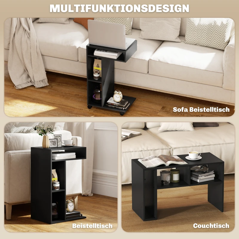 HOMCOM Beistelltisch, C-förmiger Servierwagen, 4 Rollen, 3 Fächer, 40 x 30 x 69 cm, Schwarz