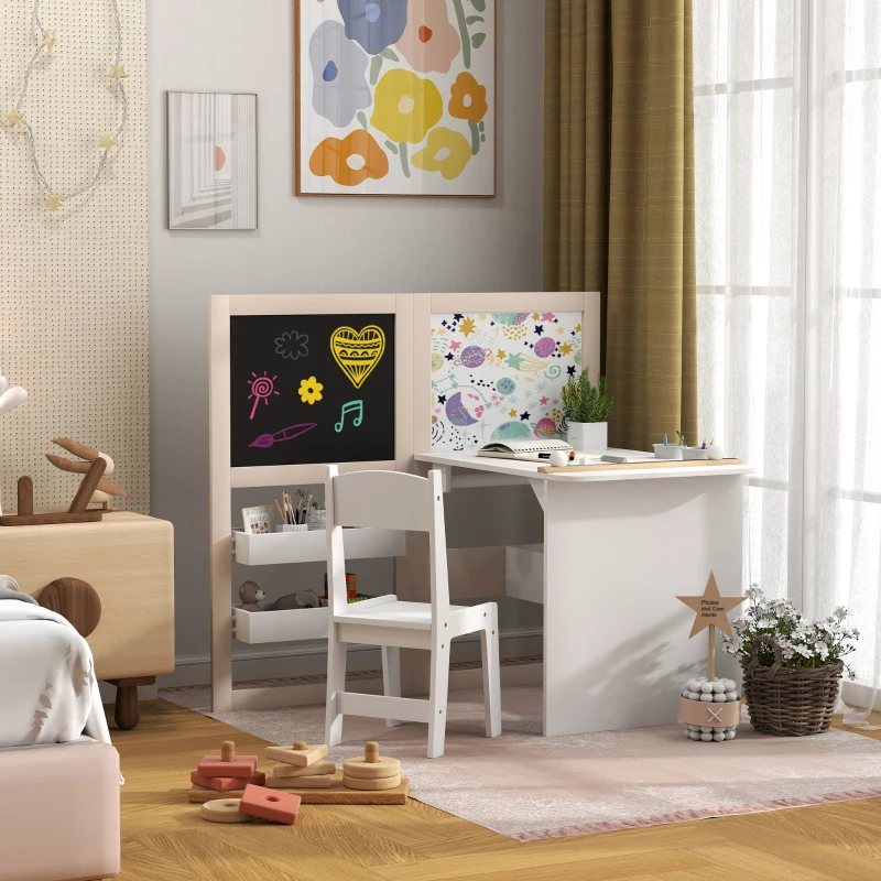 AIYAPLAY Table enfant avec chaise 3 en 1 avec chevalet pliable étagères de rangement, rouleau de papier - 3 à 8 ans, blanc