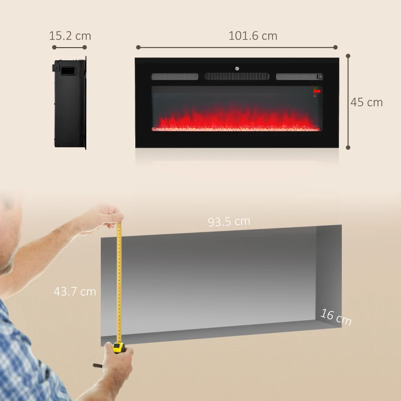 HOMCOM 102cm/40" Electric Fireplace, 2000W Recessed and Wall Mounted Electric Fire with Remote Control, 9 Flame Colour and Crystal, Black