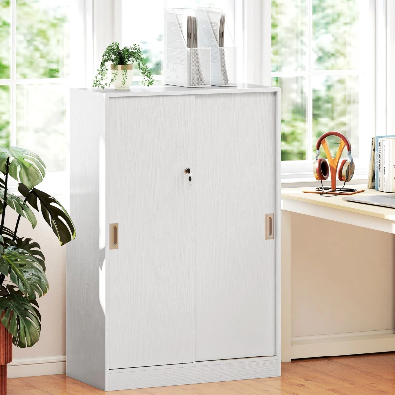 Vinsetto Armoire de Bureau 2 Portes coulissantes verrouillables dim. 80L x 40l x 120H cm 2 étagères en Bois Blanc