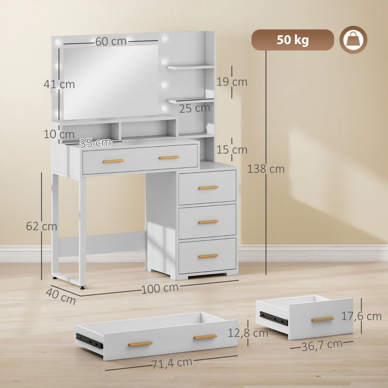 HOMCOM Coiffeuse avec miroir et 9 lumières LED, 4 tiroirs et 6 compartiments ouverts, 100 x 40 x 138 cm, blanc