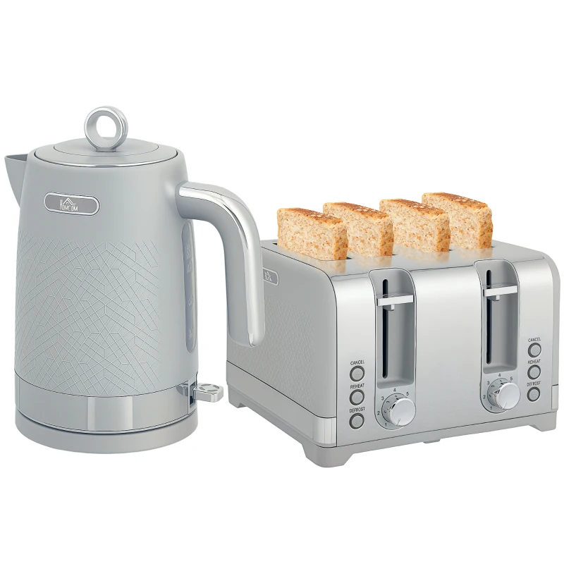 HOMCOM Sleek Textured Kettle and Four-Slice Toaster Set - Grey