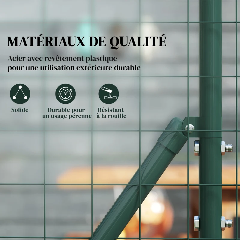 Outsunny Grillage Rouleau soudé - Maille 7,3L x 6,3l cm - Hauteur 2 m - Longueur 10 m - poteaux, Jambes de Force Inclus - Acier revêtement PVC Vert