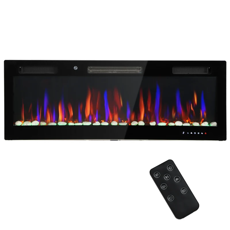 HOMCOM Cheminée électrique murale encastrable ultrafine avec flamme 3D Luminosité/Vitesse réglables et 12 couleurs Galets 900/1800W
