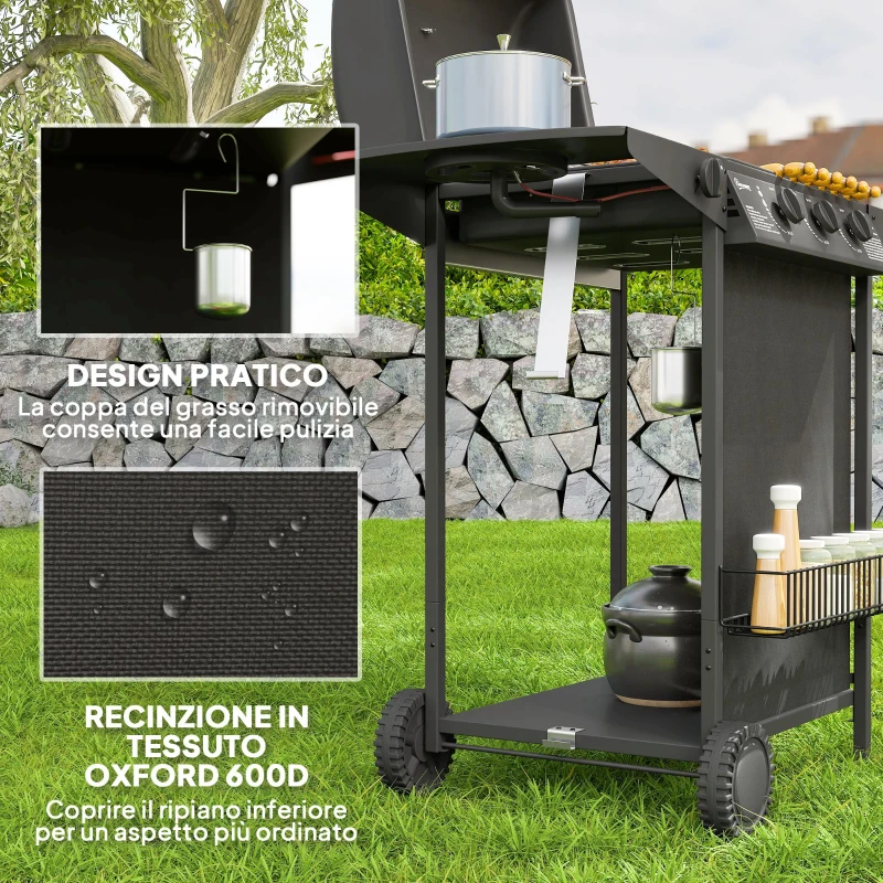 Outsunny Barbecue a Gas con 4 Bruciatori Indipendenti e Coperchio con Termometro, 108x54x97 cm, Nero