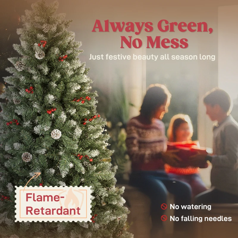 HOMCOM Brad de Crăciun de 213 cm pentru Interior cu 928 de Ramuri, Conuri și Boabe Verzi