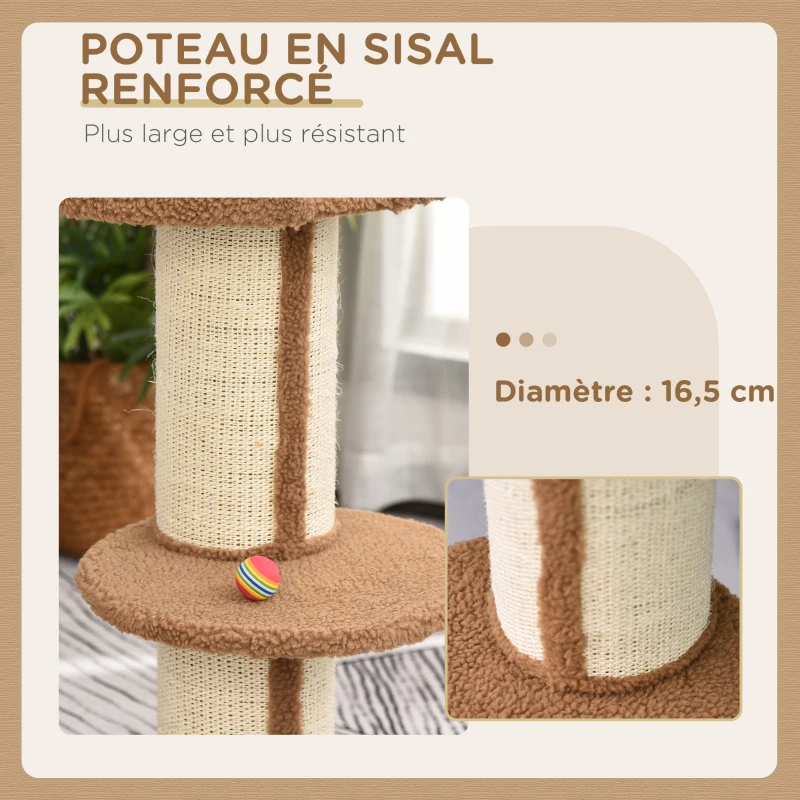 PawHut Arbre à chat avec griffoir centre d'activités 2 plateformes coussin marron clair