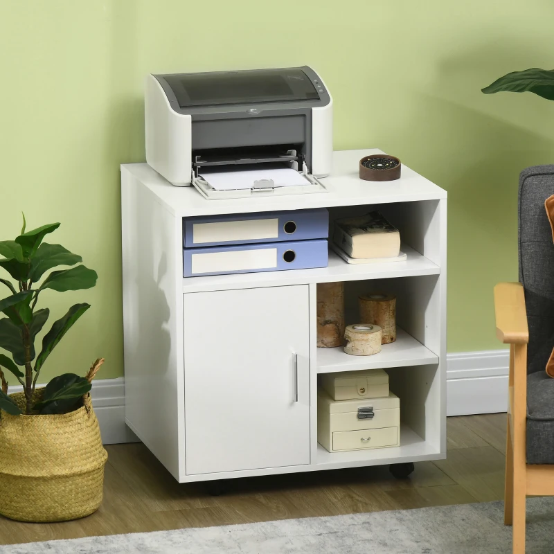 HOMCOM Support d'imprimante organiseur bureau caisson placard porte 3 niches + grand plateau panneaux particules blanc