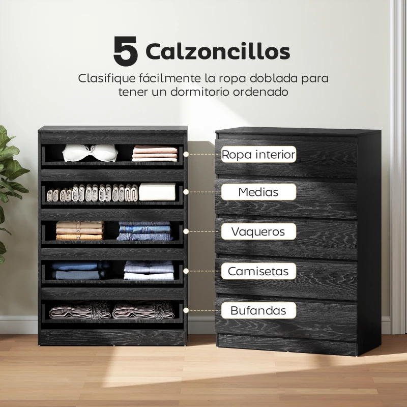 HOMCOM Cómoda para Dormitorio de 5 Cajones Cajonera para Salón Oficina Estilo Moderno 77x40x111,5 cm Negro Veteado