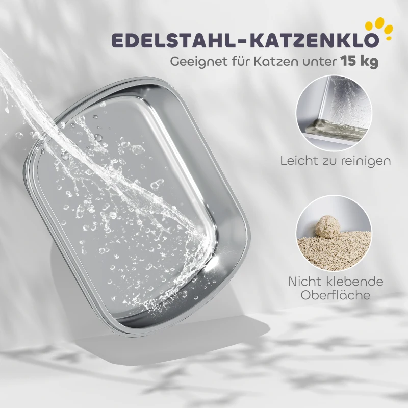 PawHut Kattenbak van roestvrij staal, kattentoilet met hoge rand, inzet, inclusief schep, voor grote katten, 53x42x27 cm, kolgrijs
