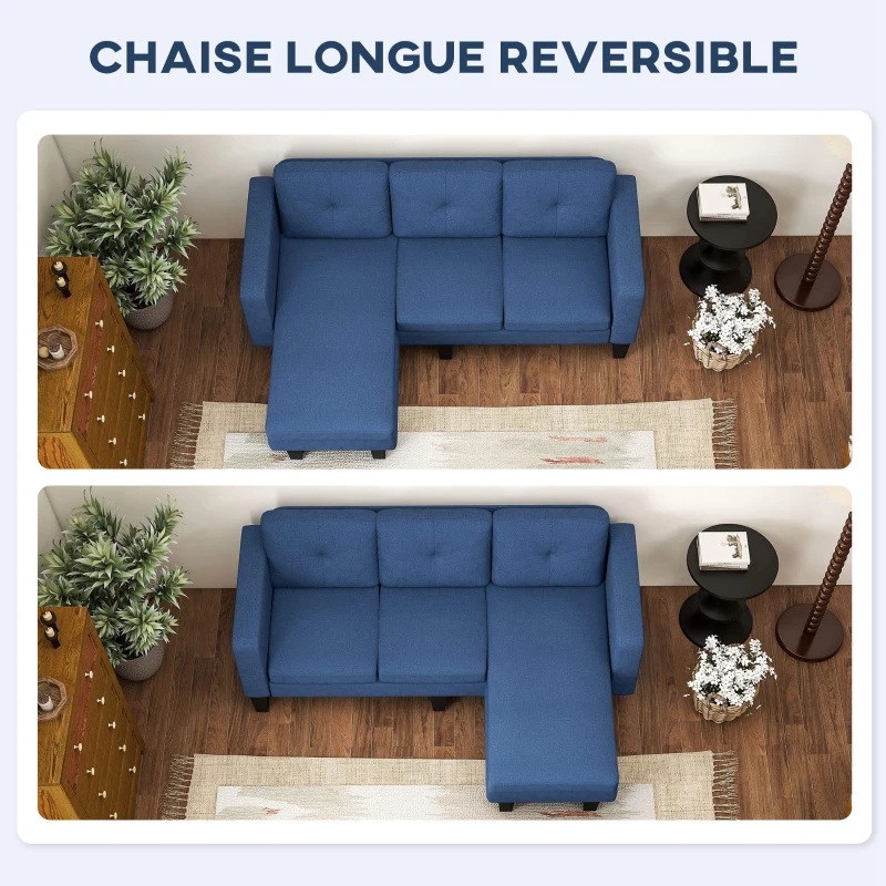 HOMCOM Sofá Chaise Longue Reversible con Estructura de Acero Tapizado en Chenilla 186x130x84cm Azul