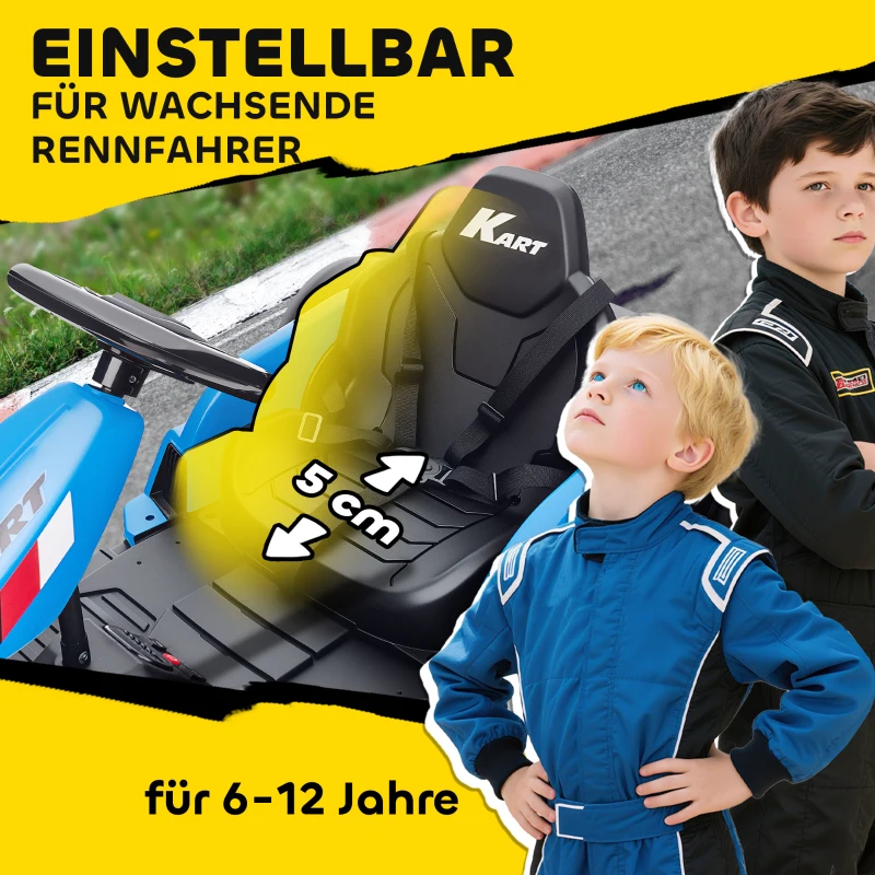 AIYAPLAY 24V Elektrisches Go-Kart, Drift-Modus, verstellbarer Sitz, 5-Punkt-Sicherheitsgurt, Musikfunktion, Hupe, 6-12 Jahre Blau