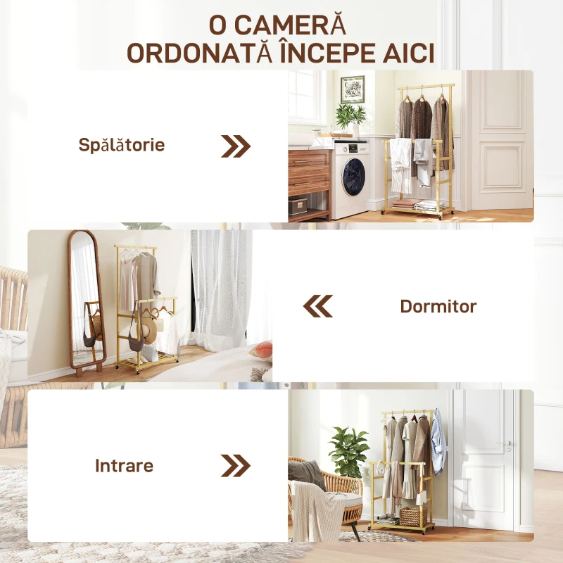 HOMCOM Suport pentru haine cu 2 bare, raft inferior și 4 roți din bambus, 80x40x160 cm, lemn natural