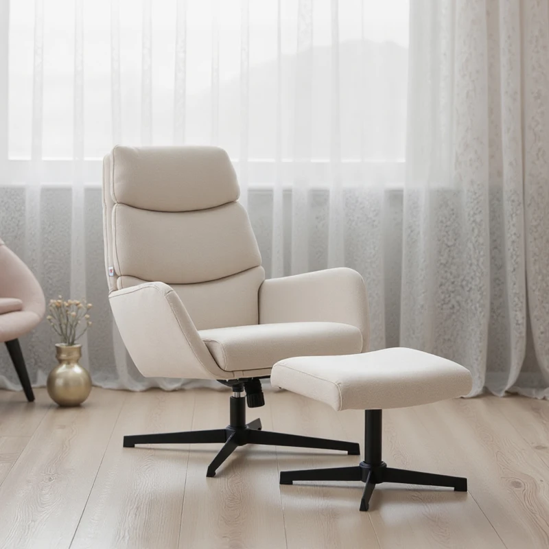 HOMCOM Poltrona imbottita con poggiapiedi, poltrona lounge con schienale alto, base metallica, per soggiorno, camera da letto, Beige