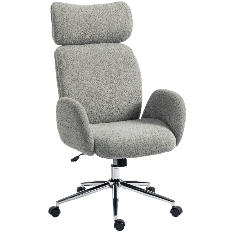 HOMCOM Office Chair with Adjustable Headrest, Spring Pack, Curved Line, Boucle Fabric - Charcoal Grey