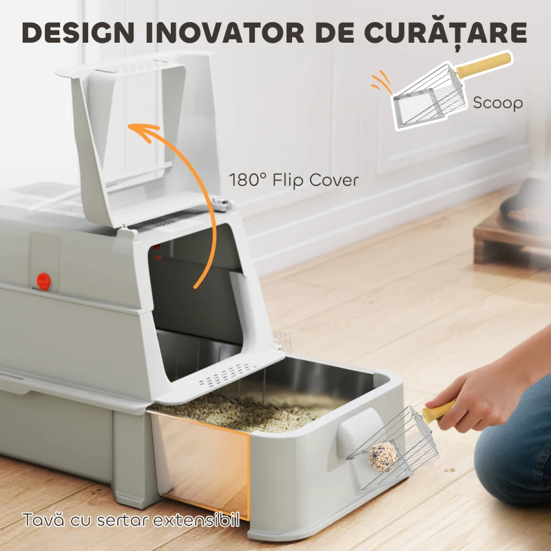 PawHut Litieră închisă pentru pisici de 80L cu tavă detașabilă, din ABS și oțel inoxidabil, 63x43x43 cm, gri deschis