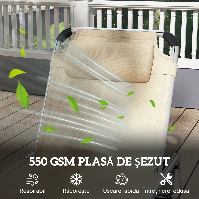 Outsunny Șezlong de plajă, Pliabil cu suport pentru cap, spătar reglabil, aluminiu și textilene, bej