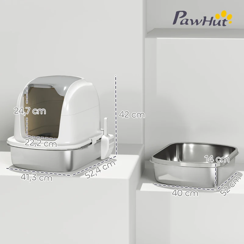 PawHut Roestvrijstalen kattenbak met deksel, kattentoilet met inzet, zandschep, voor kat onder 5 kg, 52,4 x 41,3 x 42 cm, wit