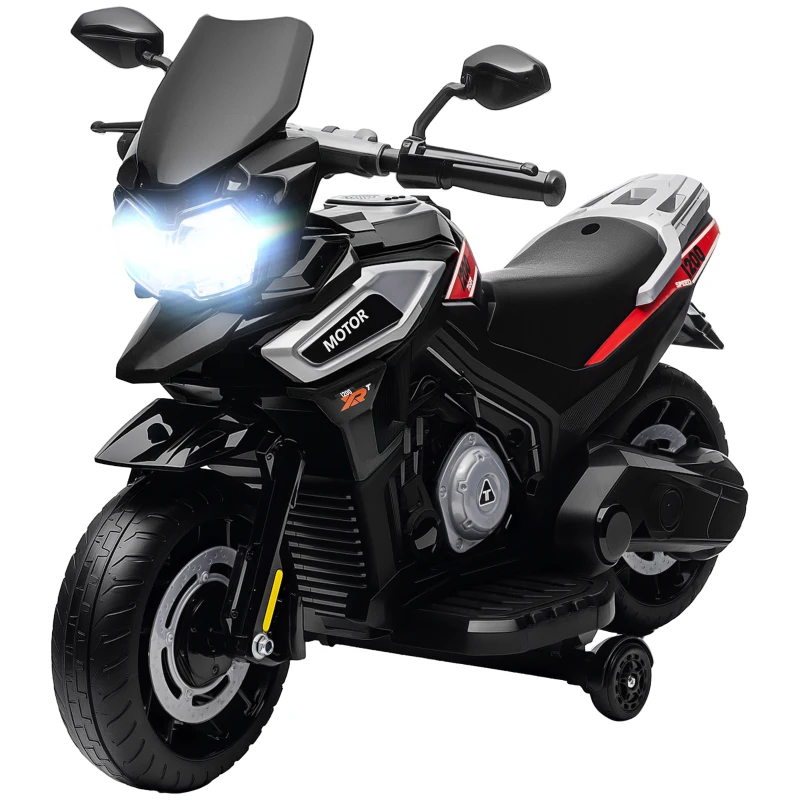AIYAPLAY Elektro-Motorrad für Kinder von 18-36 Monaten, Aufsitz-Fahrzeug, Hilfsräder, Lichter, Musik, Kunststoff, Stahl, Schwarz