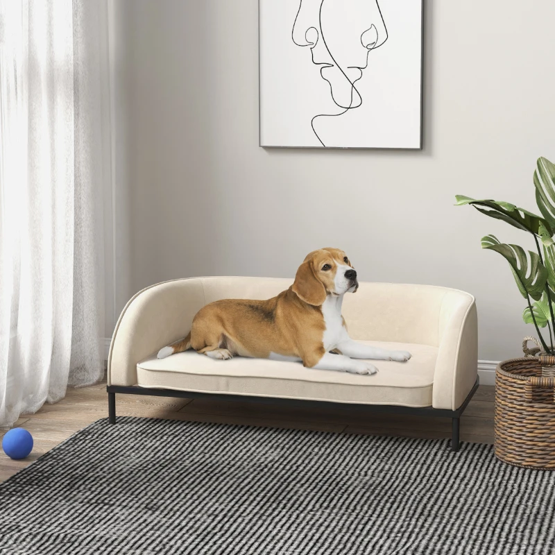 PawHut Canapé pour chien lit surélevé coussin déhoussable pieds en acier velours 101,5 x 62 x 34,5 cm blanc crème noir