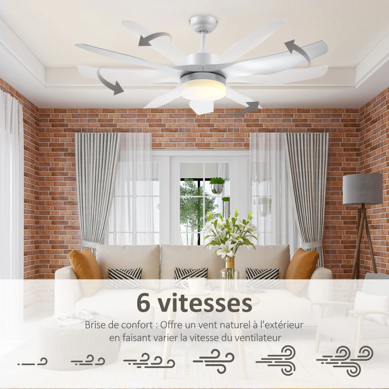 HOMCOM Ventilateur plafond avec lumière et télécommande 20,5 W, 6 vitesses 3 couleurs d'éclairage et minuterie, 132 cm, blanc