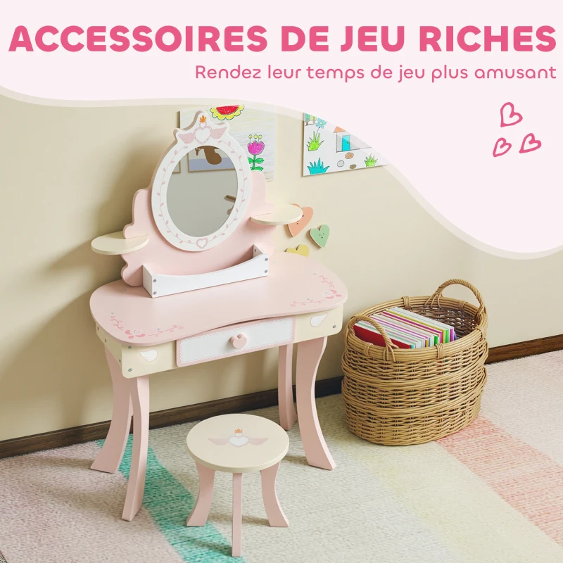 AIYAPLAY Coiffeuse enfant fille table de maquillage 2 en 1 avec 7 accessoires de jeu miroir en acrylique 59,8x29,6x89,8cm rose