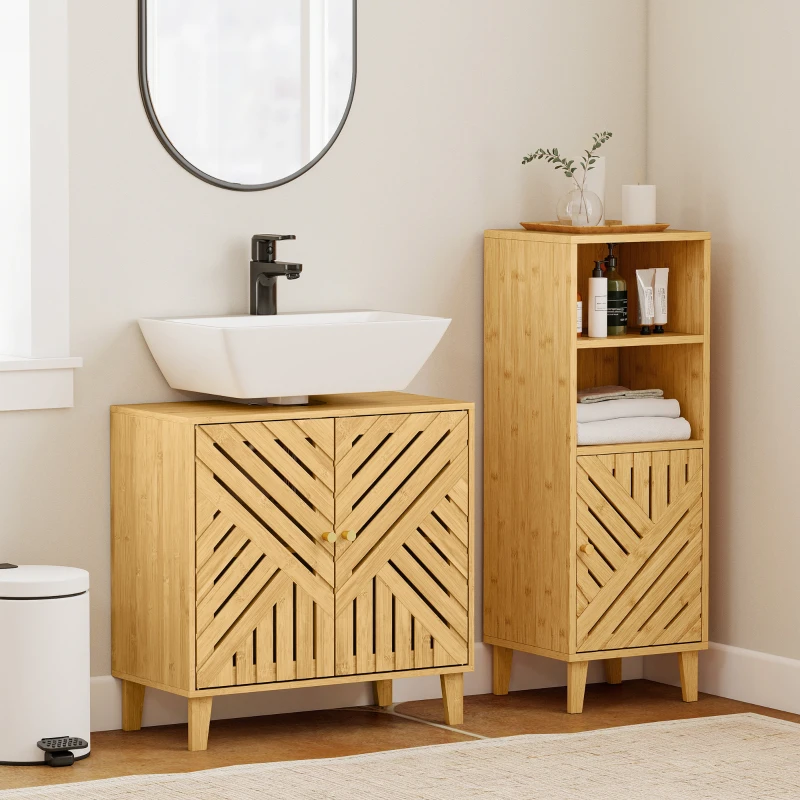 HOMCOM Meuble sous lavabo, meuble de salle de bain en bambou avec étagère réglable et portes à lattes 60 x 30 x 60 cm, naturel