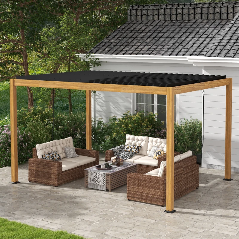 Outsunny Pergola 3 x 4 m bioclimatique tonnelle avec lames orientables manivelle, style contemporain, aluminium - noir et naturel