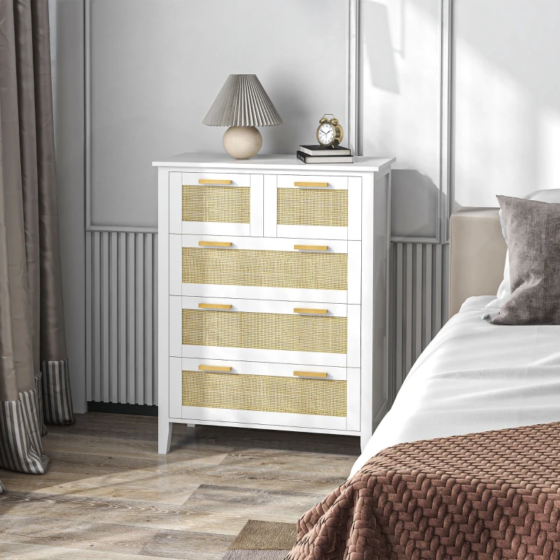 HOMCOM Commode 5 tiroirs poignées en bois massif glissières en métal pour bureau salon chambre à coucher 77 x 37 x 104 cm blanc