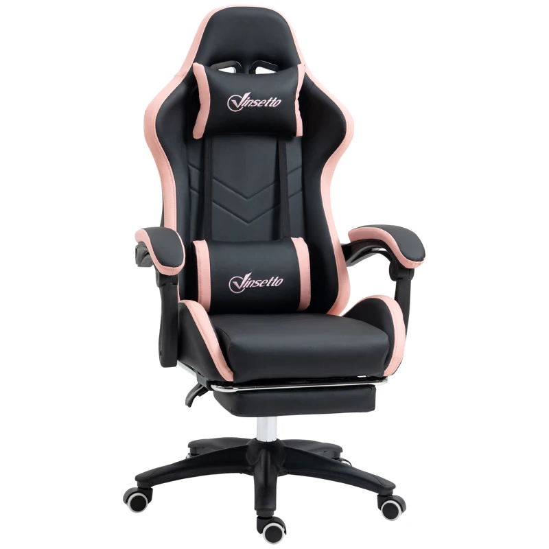 Vinsetto Silla Gaming Silla Gamer de Cuero PU Reclinable 135° Reposacabezas y Reposapiés 65x65x121-129 cm Negro y Rosa