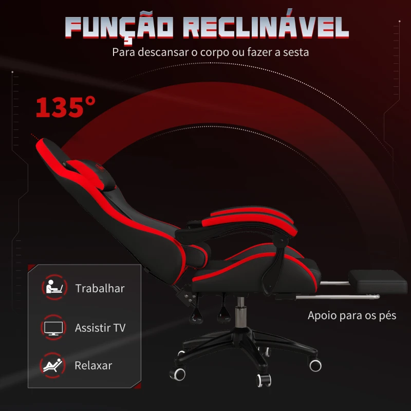 Vinsetto Cadeira Gaming Ergonómica Reclinável 135° de Couro PU com Suporte Lombar Altura Ajustável 65x65x129 cm Preto e Vermelho