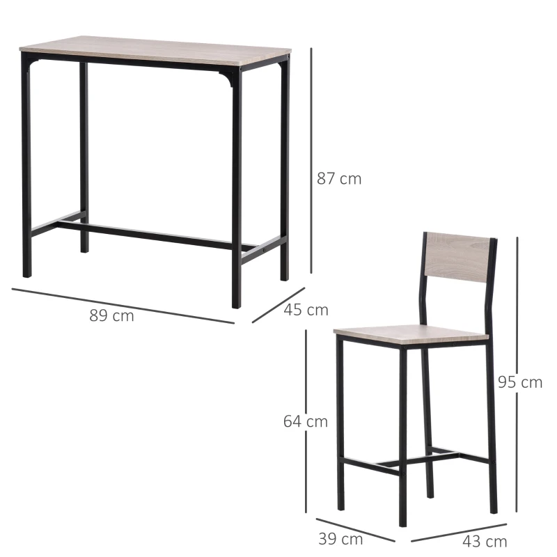 HOMCOM Set de Mesa de Bar y 2 Taburetes Estilo Industrial Marco de Metal para Cocina Salón Natural y Negro