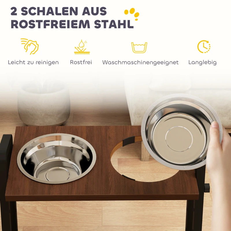 PawHut Hundenapf erhöht 4 höhenverstellbare Futternapf mit Ständer, 2 x 1,2 L Edelstahlnäpfen, 3 einstellbaren Winkeln, Braun