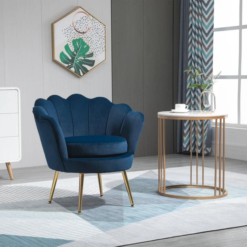 HOMCOM Fauteuil salon fauteuil en velours fauteuil coquillage avec pieds en métal doré pour chambre à coucher, bleu