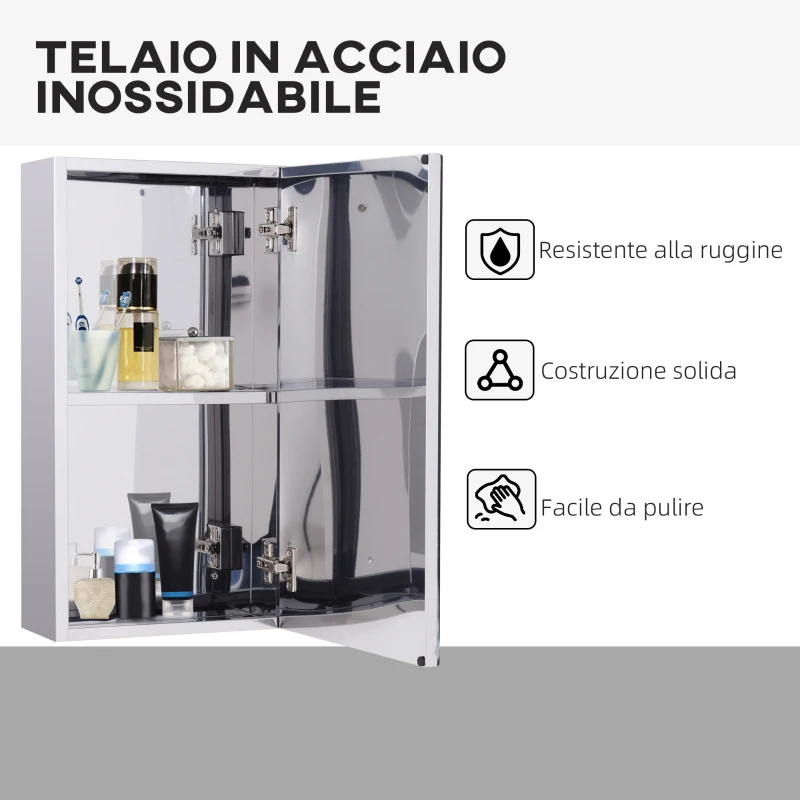 HOMCOM Specchiera Bagno in Acciaio con Anta e Vano Contenitore a 2 Ripiani, 55x14x30cm