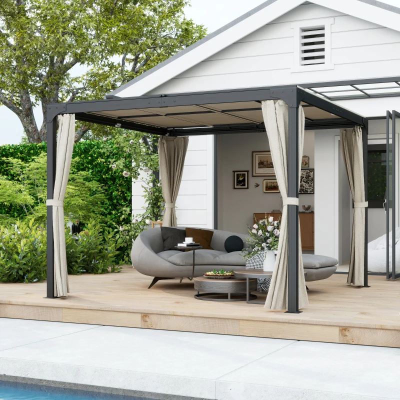 Outsunny Pergola carrée avec toit coulissant 2 panneaux et rideaux structure métal aluminium 3 x 3 m beige