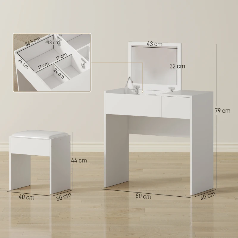 HOMCOM Coiffeuse Table de Maquillage Design Contemporain 80L x 40l x 79H cm Miroir escamotable, tiroir, Coffre + Tabouret Blanc