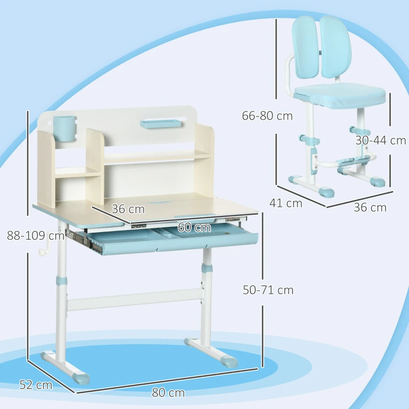HOMCOM Pupitre Infantil Altura Ajustable con 1 Cajón 1 Estante y Tablero de Mesa Inclinable 80x52x88-109 cm Azul y Blanco