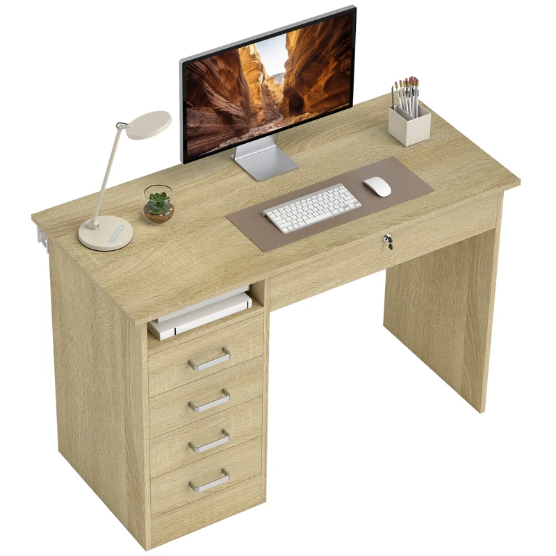 HOMCOM Moderner Schreibtisch mit 5 Schubladen, großer Platte, 1 offenem Fach, abschließbarer Schublade, 110 x 50 x 76 cm, Eiche